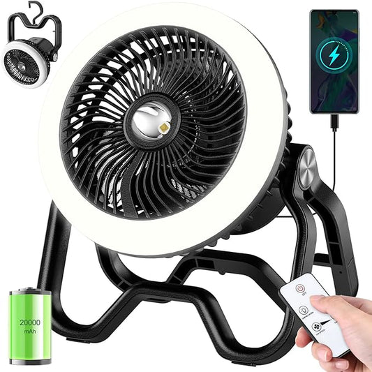 Portable Fan Rechargeable Camping Lantern-40Hrs,20000mAh Cordless Battery Operated Oscillating Fan with Remote,Hanging Hook and Magnetic Base, 3 Speeds for Tents, Outdoor, RV, Outage