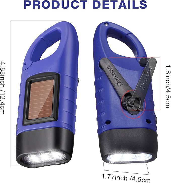 Mudder 4 Pack Hand Crank Solar Powered Flashlight Emergency Rechargeable Led Flashlight Survival Gear Self Powered Charging Torch for Hiking Backpack Camping Safety Emergency Pack(Green, Blue)