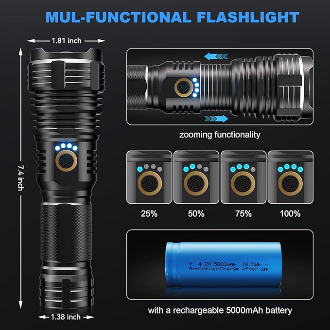BengMxj Rechargeable LED Flashlights,990000 High Lumens Tactical Flashlight with Zoomable Super Bright Waterproof Flashlights for Emergencies,Camping,Hiking,Home
