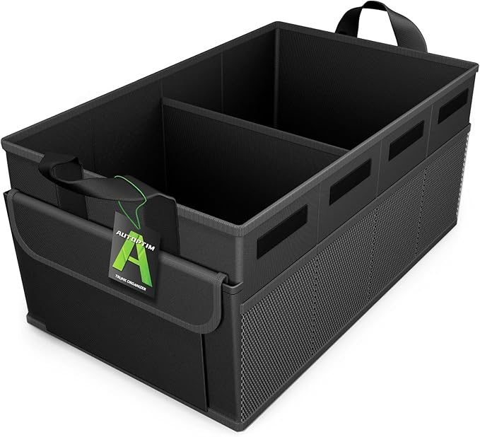 AUTOPTIM Car Trunk Organizer - 50L Collapsible Car Organizer with Non Slip Bottom for Groceries, Trunk Storage with Base Panel for SUV Sedan Van, 2 Compartments (Black, Small)