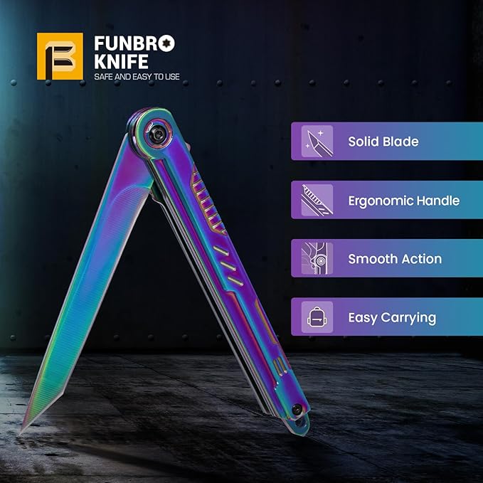 FUNBRO Rainbow Pocket Knife for Men & Women - EDC Folding Knives with Clip, Glass Breaker, Flipper and Liner Lock for Self Defense - Cool Survival Knife for Outdoor Camping