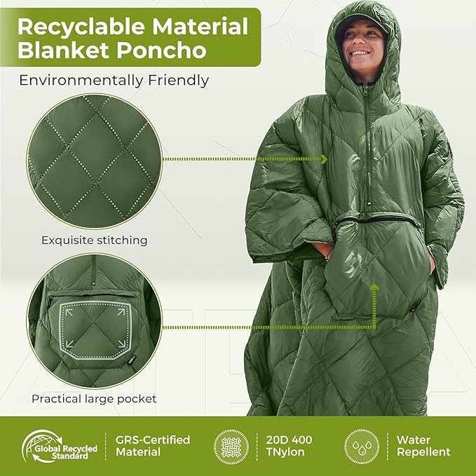ATEPA Wearable Sleeping Bag, Recycled Water-Resistant Camping Blanket Poncho, Ultralight Packable Stadium Blanket for Outdoor