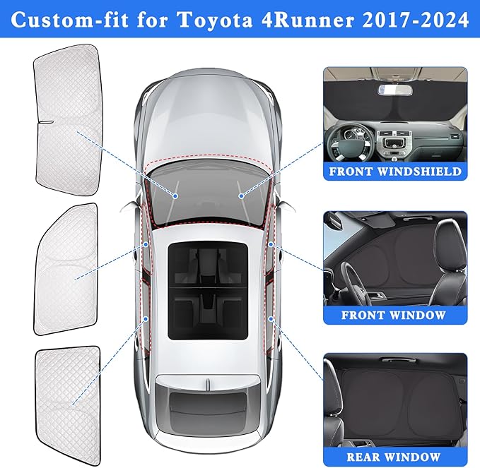 ZATOTOO Car Window Shades for 2017-2024 Toyota 4Runner Sun Shade for Side Window Front Rear Windshield Triangular Window Shade Privacy UV Ray Sun Blocker Heat Insulation for Camp Nap Long Time Parking