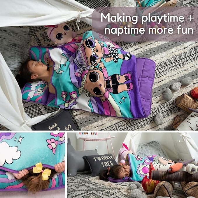 LOL Surprise! 24"(W) X 45"(L) Soft Toddler Nap Mat with Pillow and Blanket Perfect for Preschool, Daycare, and Travel (100% Official Licensed Product)