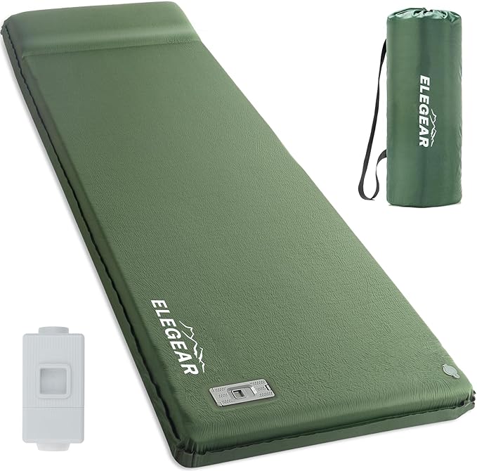 Elegear CumbreX™ Self Inflating Sleeping Pad, Built-in Electric Pump 3.15" Ultra-Thick Memory Foam Camping Mattress with Pillow Sleeping Pad for Camping R-Value 9.5 Foam Camping Pad Army Green Single