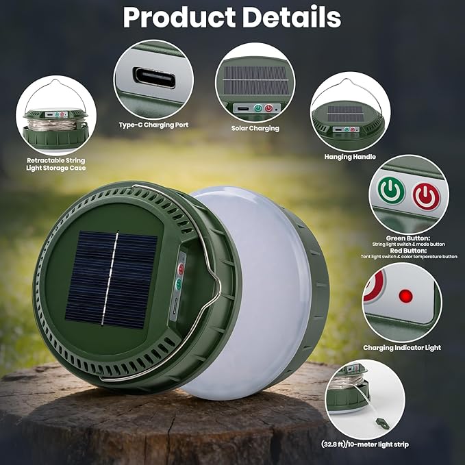 Solar Camping String Lights, 32.8 FT String Light with 13 Modes, 4 in 1 Waterproof Camp Lamp, Solar/Type-C Powered, Hanging Rechargeable Tent Lantern for Camping, Patio & Party (Green)