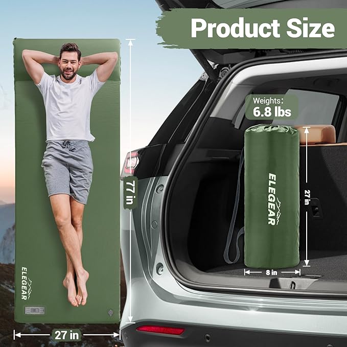 Elegear CumbreX™ Self Inflating Sleeping Pad, Built-in Electric Pump 3.15" Ultra-Thick Memory Foam Camping Mattress with Pillow Sleeping Pad for Camping R-Value 9.5 Foam Camping Pad Army Green Single