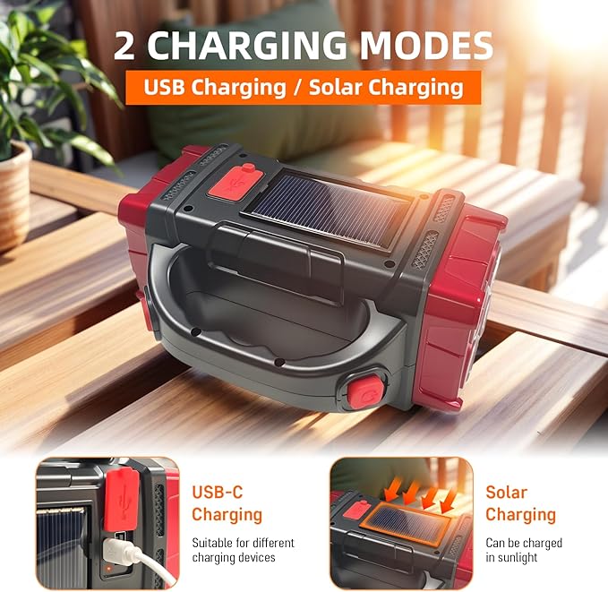 Versatile Solar Flashlight with Dual Charging Modes | 4 Light Modes USB/Solar Powered| Portable Emergency Charger & Outdoor Camping Light (Red-2pcs)