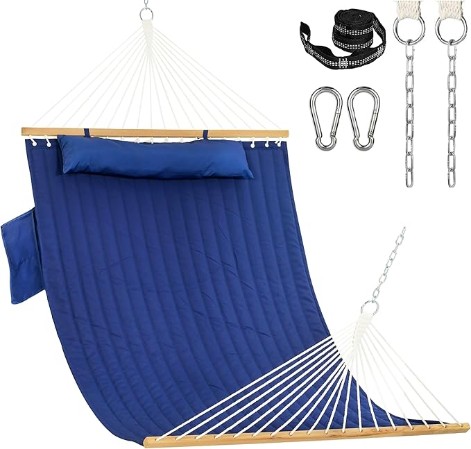 Lazy Daze Hammocks 2 Person Double Quilted Fabric Hammock with Spreader Bar, Detachable Pillow, Side Pocket, Carabiners, Chains, Straps for Outdoor, 450lbs Capacity, Navy Blue
