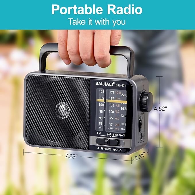 Portable AM/FM Transistor Radio with Loud Speaker, Battery or USB Powered - Compact Emergency Radio for Indoor, Outdoor, Travel & Storms (Model BJL-671)