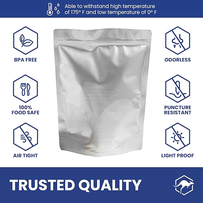 Wallaby 50 Count 1-Quart Gusset Mylar Bags with Labels, 12 Mil Total Thickness Long-Term Food Storage Pouches, 10x7 Stand-Up Zipper Heat-Sealable Airtight Packaging - Silver