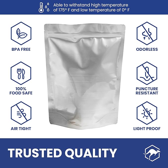 Wallaby 50 Count 1-Pint Gusset Mylar Bags with Labels, 11 Mil Total Thickness Long-Term Food Storage Pouches, 8x6 Stand-Up Zipper Heat-Sealable Airtight Packaging - Silver