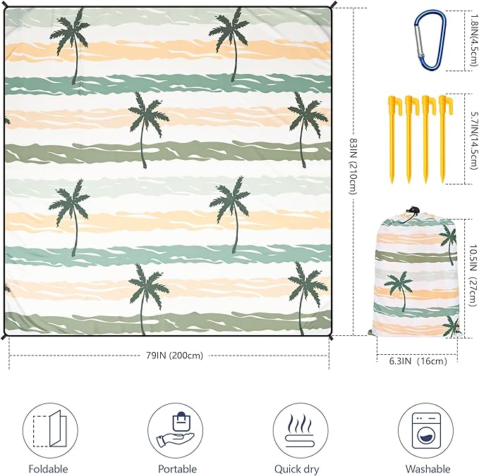 HIHOHO Beach Blanket Waterproof Sandproof Beach Mat 79”x 83” for 1-8 Adults Quick Drying Durable Outdoor Picnic Mat for Beach Festival Travel Camping Hiking (Stripes Cocotree-YL&GN, 79"×83"(4 Person))