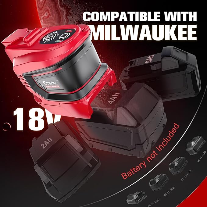 Ecarke 200W Portable Power Inverter Compatible with Milwaukee 18V Battery, DC 18V to AC 110V Power Station with 1 AC Outlet, 2 USB, 1 Type-C & LED Light, for Outdoor Emergency Use (No Battery)