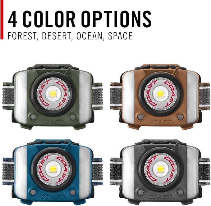 Coast FL97R Voice-Controlled 1200 Lumen Rechargeable LED Headlamp with Pure Beam® Spot & Flood, ARC Lighting, Red & Green Color Modes, Glide Focus™ Radial Arm Dial and USB-C Charge Port, Forest Green