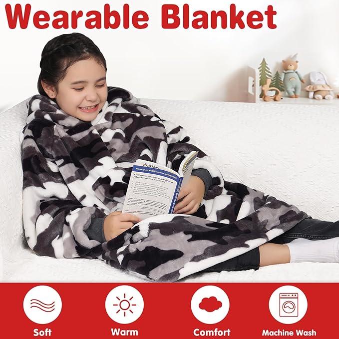 Waitu Wearable Blanket for Kids, Wearable Blanket Hoodie Gifts for Teens Girls and Boys, Warm Blanket Sweatshirt for Teenage, Hoodie Blanket with Sleeves - Camo