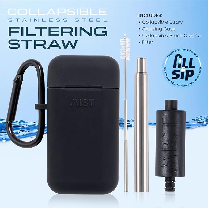 Mist Reusable Straw, Collapsible Reusable Metal Water Filtering Straw Removes Chlorine & Odor, BPA-Free, Portable, Stainless Steel, Filter Straw With Carry Case, Brush, Travel-Friendly, Black