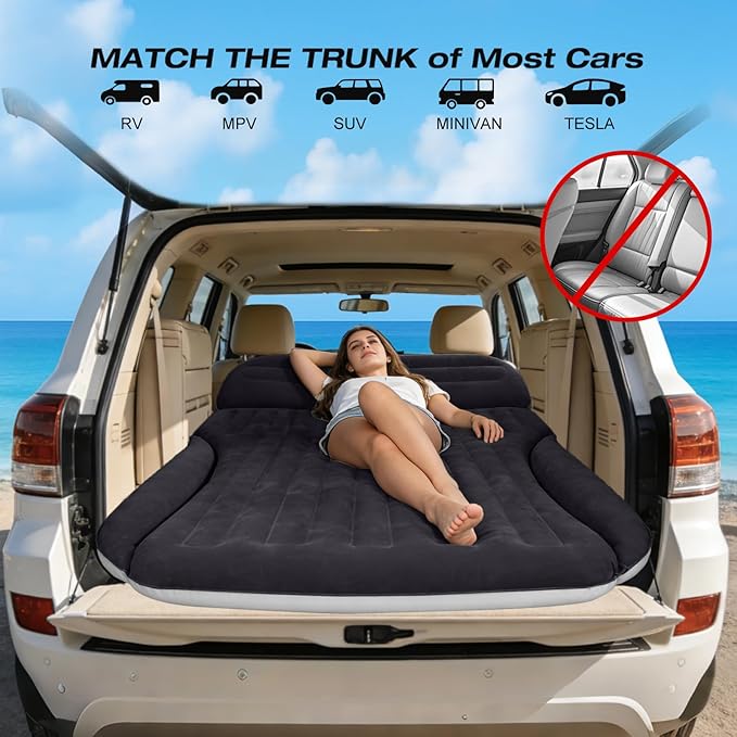 Ciremiv SUV Air Mattress, Double-Sided Thick Flocked Car Air Mattress with Built-in Pump & Pillow, Complete Sleeping Accessories for Auto Camping & Road Trips（Blue Black）
