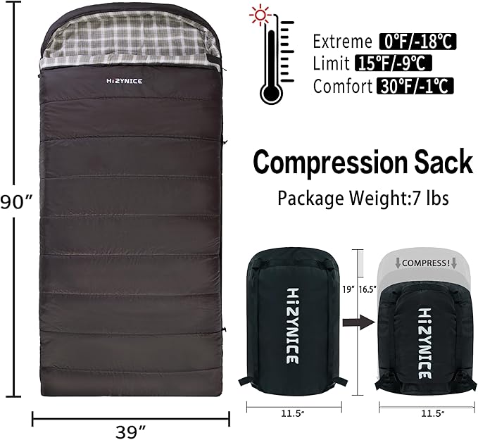 HiZYNICE Cold Weather Sleeping Bag 100% Cotton Flannel XXL for Adults Big and Tall,Free Compression Sack