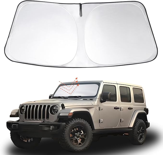 Windshield Sun Shade Custom Fit 2018-2024 2025 2026 Jeep Wrangler JL & 2/4 Door 4XE &2020-2025 2026 Jeep Gladiator JT Accessories Foldable Sunshade Front Window Covers Keeps Car Cooler