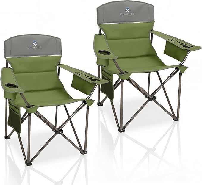 Oversized Camping Chairs 2 Pack - Heavy Duty 400LBS Padded Lawn Chair with Cooler Bag,Cup Holder,Side Pocket,Collapsible for Outdoor,Camp,Fishing & Garden,Olive Green