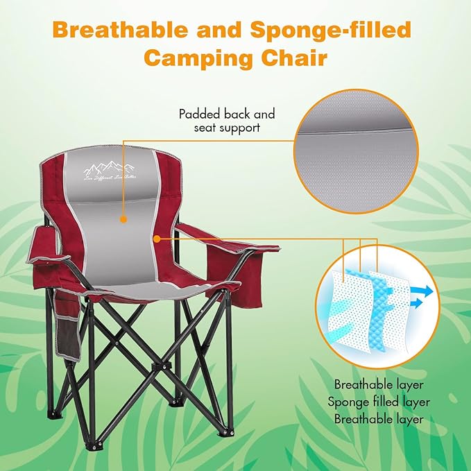 2PCS Folding Camping Chair Portable Outdoor Heavy Duty Padded Chairs Lawn Chair with Cup Holder, Storage Pocket and Cooler Bag, Supports 480LBS Red