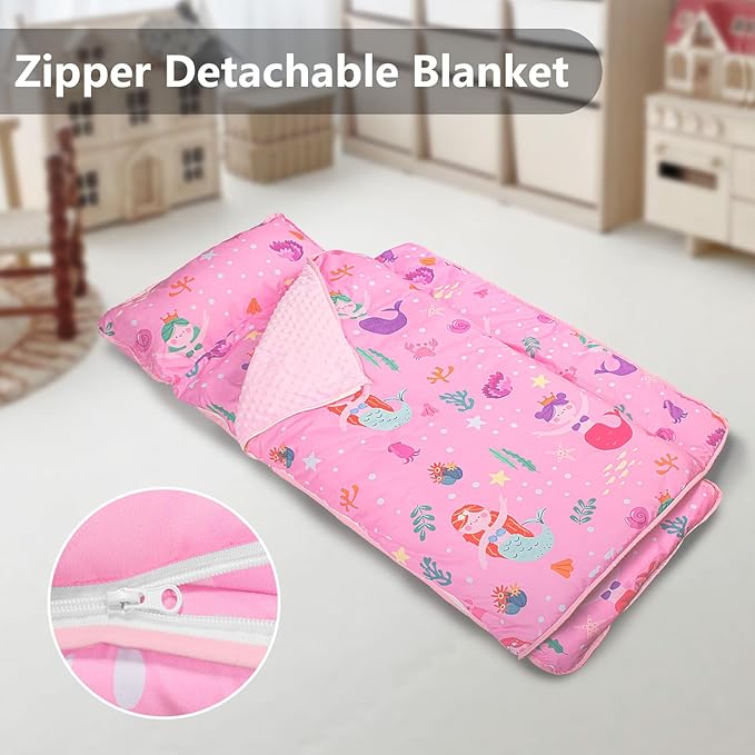 Primlect Toddler Nap Mat Extra Large Thickened 55''x35'', Soft Sleeping Bag with Detachable Minky Blanket and Pillow, Portable for Daycare, Preschool, Kindergarten, Travel, Boys and Girls