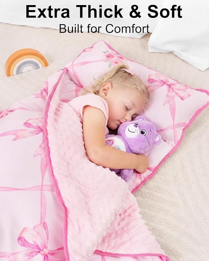 Primlect Thickened Toddler Nap Mat with Removable Pillow and Minky Blanket, Extra Large 55''x35'' Sleeping Bag, Washable, Roll up, Perfect for Daycare, Preschool, Kindergarten, Boys and Girls Bow