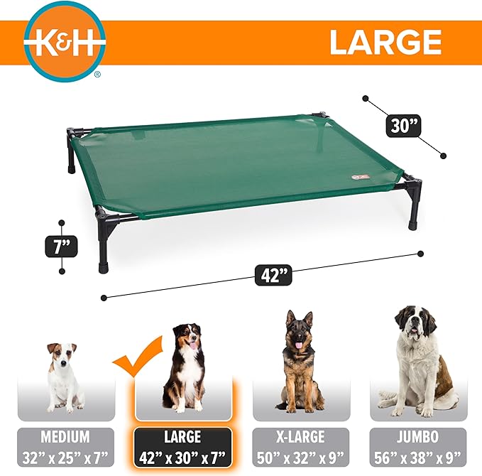 K&H Outdoor Elevated Dog Bed - Cooling Raised Dog Bed for Medium & Large Pets, Breathable Mesh Hammock Design, Indoor/Outdoor Washable Cover, Portable Metal Frame, Green, Large 42x30in