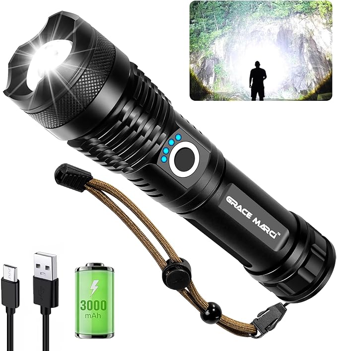 High Lumen Flashlight Rechargeable, 150000 Lumens Super Bright, 5 Modes & Adjustable Focus Zoomable, IP55 Waterproof & Shockproof Tactical Flashlight for Camping, Hiking, Emergency, Outdoor