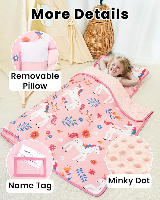 Primlect Toddler Nap Mat with Detachable Blanket and Removable Pillow, Kids Sleeping Bag 55''x35'' for Daycare Preschool Kindergarten, Toddler Sleeping Mat for Boys and Girls