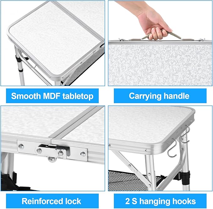 YUFIFAIRY Small Folding Camping Table, 2ft Portable Table with 3 Adjustable Heights, Aluminum Lightweight Foldable Picnic Table with Mesh Layer and Extension Legs for RV, BBQ and Indoor (Silver)