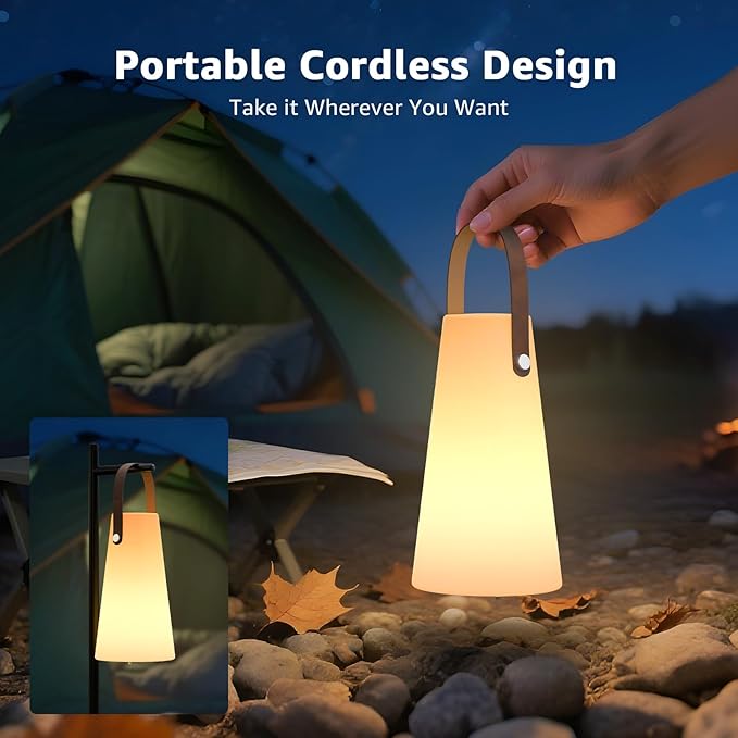 2 Pack Outdoor Lanterns, GGII Rechargeable Camping Lantern with IP44 Waterproof, Battery Operated Outdoor Portable Cordless Table Lamp with RGB Lights for Patio Terrace Balcony Garden (Leather Handle)