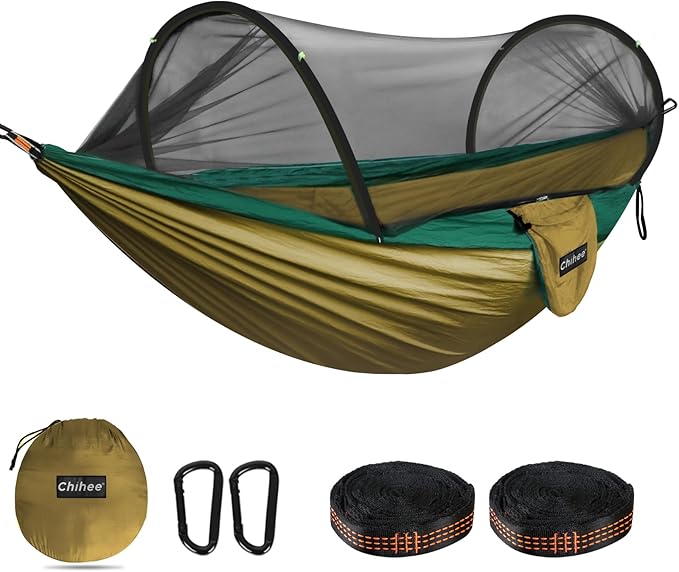 Chihee Ultra-Light Travel Camping Hammock Pop-up Net Hammock 660lbs Load Capacity,Breathable,Quick-Drying Parachute Nylon 2 Premium Carabiners,2 Tree Slings Included for Outdoor Backpacking Hiking