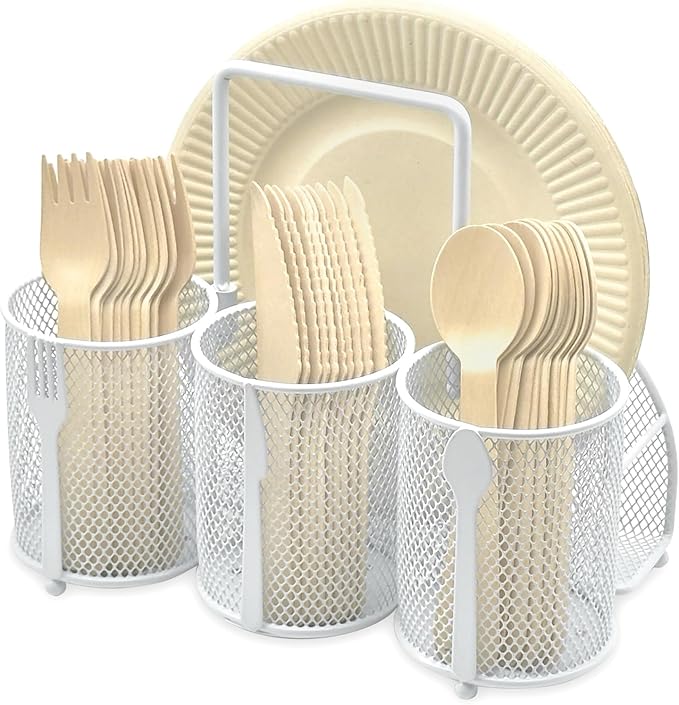 DysanVica Utensil Caddy Silverware Holder - 4 Compartment Metal Mesh Cutlery Fork Spoon Napkin Plate Organizer Flatware Storage Basket Party Kitchen Countertop Buffet Picnic Camping Outdoor BBQ White