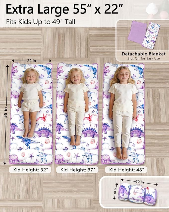 Primlect Toddler Nap Mat Extra Large Thickened 55''x35'', Soft Sleeping Bag with Detachable Minky Blanket and Pillow, Portable for Daycare, Preschool, Kindergarten, Travel, Boys and Girls