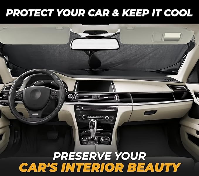 Car Shade Front Windshield, Small (59" x 29") - 280T Reflective Polyester Sunshade Blocks 99% UV Rays and Heat, Foldable with Storage Bag Fits Coupe, Hatchback, Small Sedan, Sports Model Cars