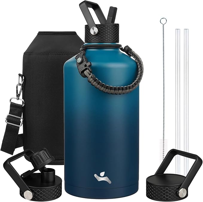 Konokyo Gallon Insulated Water Bottle with Straw,128 oz 3 Lids Water Jug with Carrying Bag,Paracord Handle, Double Wall Vacuum Stainless Steel Metal Flask,Indigo Black