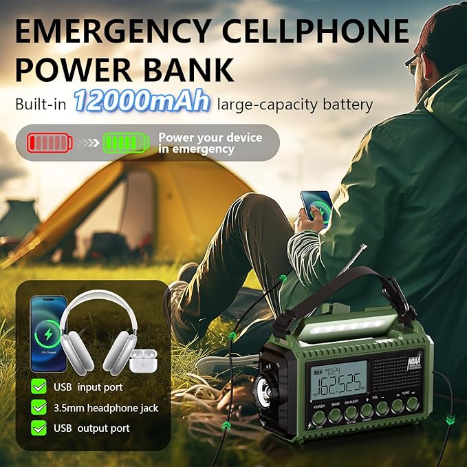 NOAA Emergency Radio with Auto Weather Alerts - 12000mAh Solar Hand Crank Weather Radio, 6 Power Sources, Bright LCD Digital Tuning, AM/FM/SW Receiver, SOS Alarm & Power Bank for Home Camping Survival