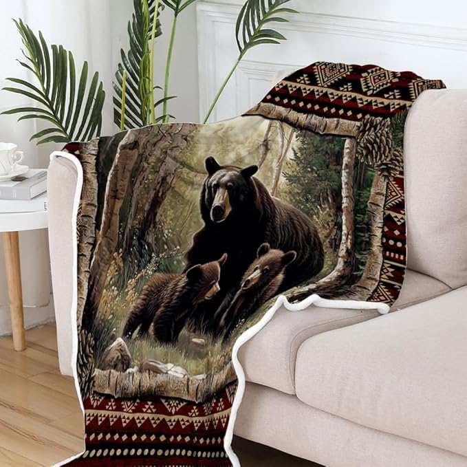 Torich Cabin Throw Blankets, Rustic Farmhouse Hunting Deer Bear Sports Cozy Warm Bed Couch Blanket, Country Wooden Hunting Camping Forest White Fleece Flannel Throws to Decorate The Room and Bedroom