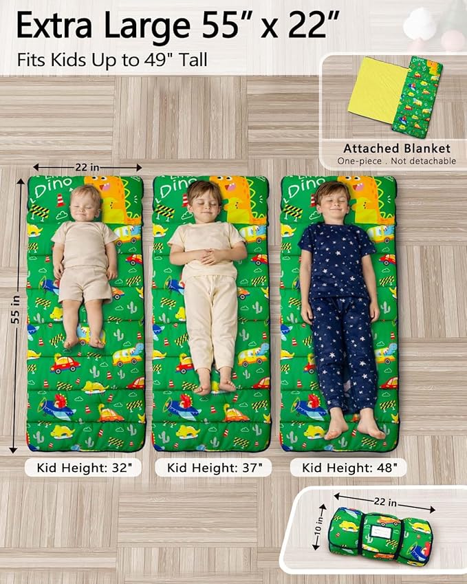Primlect Thickened Toddler Nap Mat with Removable Pillow and Minky Blanket, Extra Large 55''x35'' Sleeping Bag, Washable, Roll up, Perfect for Daycare, Preschool, Kindergarten, Boys and Girls Dinoaur