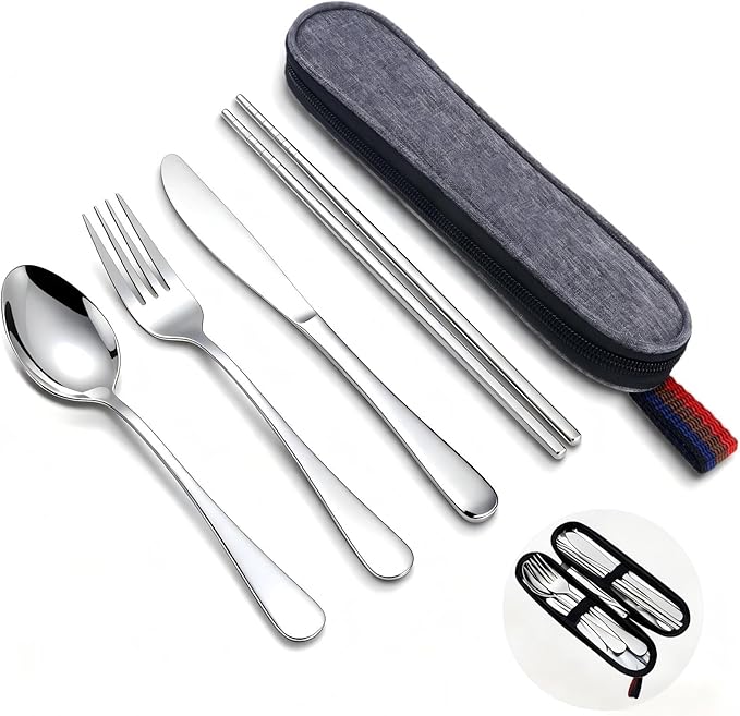 Reusable Travel Utensils Set with Case, Premium Stainless Steel Flatware, Portable Silverware for Lunch, Camping, Picnic, Travel Fork and Spoon Set, To Go Utensils, Dishwasher Safe (Silver)