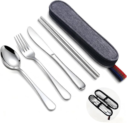 Reusable Travel Utensils Set with Case, Premium Stainless Steel Flatware, Portable Silverware for Lunch, Camping, Picnic, Travel Fork and Spoon Set, To Go Utensils, Dishwasher Safe (Silver)