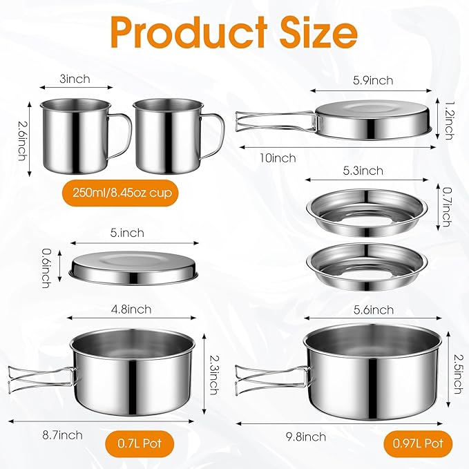 Funnymoom 15 Pcs Camp Cooking Set Stainless Steel Camping Cookware Mess Kit with Pot Pan and Stove 2 Set Stainless Steel Cups Plates Forks Knives Spoons for Camping Backpacking Outdoor Cooking Picnic