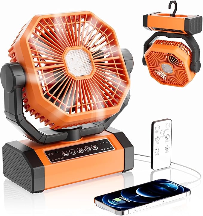 MORIKO Table Fans, 10000mAh Rechargeable Battery Operated Portable Tent Fan with LED Lantern, Remote Control, Hook, 270° Pivot, Stepless Speed-Ideal for Camping, Picnic, Barbecue, Jobsite