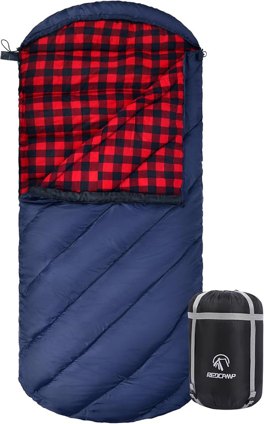 REDCAMP Flannel Sleeping Bag for Adults, Comfortable Cotton Sleeping Bags for Camping with Detachable Hood, Red/Grey/Blue/Black
