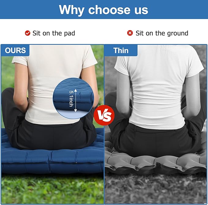 Toncoke 5.1" Thick Double Sleeping Pad with Foot Pump & Pillow, 77.5x53.9 2-Person Air Mattress for Camping, Ultralight & Compact for Backpacking, Hiking, Car Travel Navy Blue