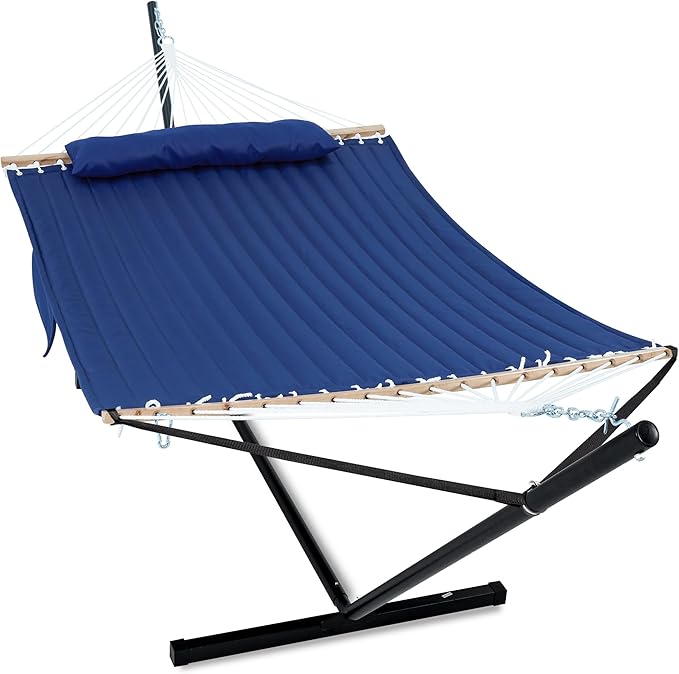 GAFETE 2 Person Hammock with Stand for Outside, Heavy Duty Steel Stand, Double 55inch Hammocks, Large Removable Pillow, Storage Bags, Max 475 lbs Capacity (Blue)
