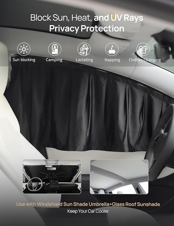 TPARTS Side Window Sun Shade for Tesla Model 3 2018-2026 (Including Model 3 Highland 2024+), Privacy Curtain Blinds Front & Rear Window Shade Blackout Drapes Set of 4 (Standard, Premium, Performance)