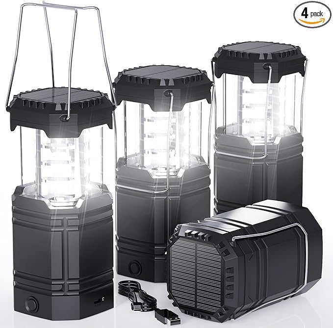 4 Pack Rechargeable Emergency Lanterns for Power Outages, USB-C & Solar Backup, Lantern Flashlight Combo, 1600mAh, 30H Runtime, Compact Hanging Lights for Camping Tent